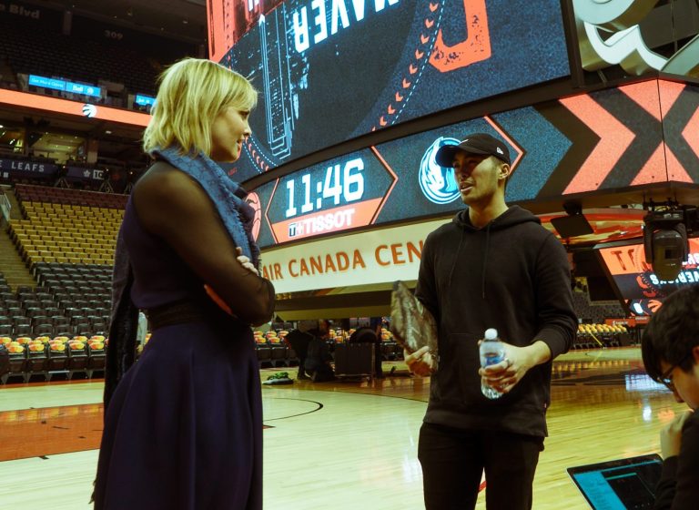 Amberley Caroli - Manager: Entertainment & Talent speaking to Axel Villamil of StageKeep at Scotiabank Arena in Toronto formerly Air Canada Center in 2019
