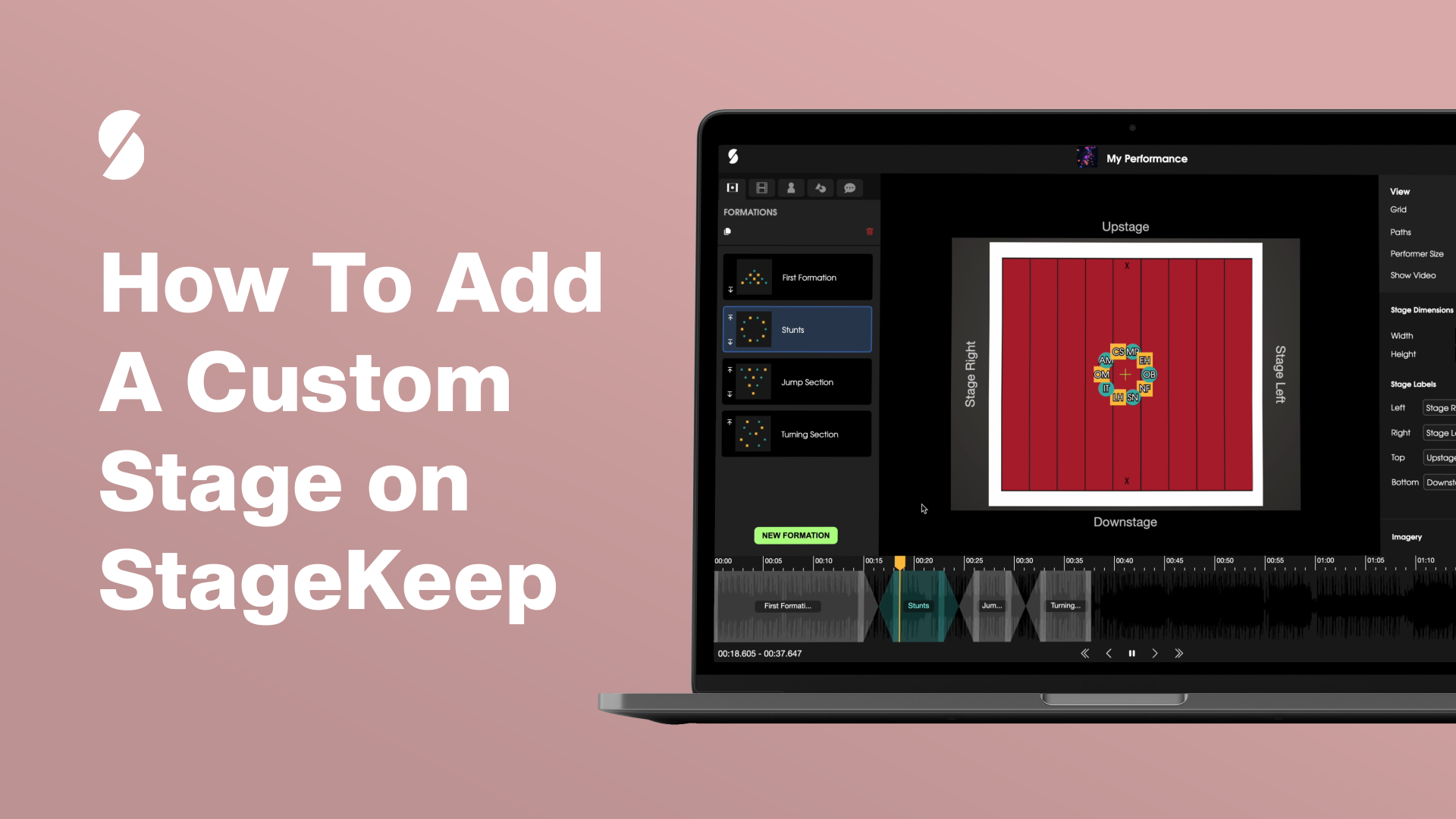 image of a laptop with choreography and formation plans on StageKeep for dancers and cheerleaders with the title "how to add a custom stage on stagekeep"